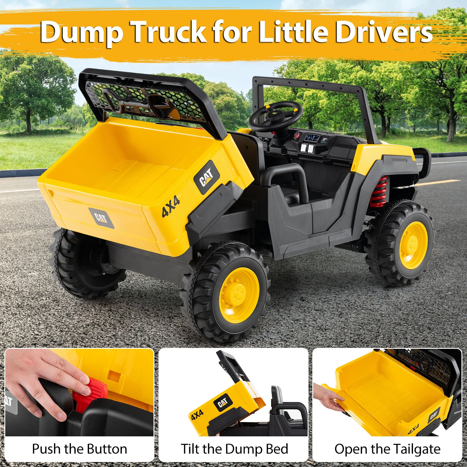 24V Ride On Dump Truck Licensed Caterpillar 2-Seater Kids Car with Remote Control, Yellow Powered Ride On Toys at Gallery Canada