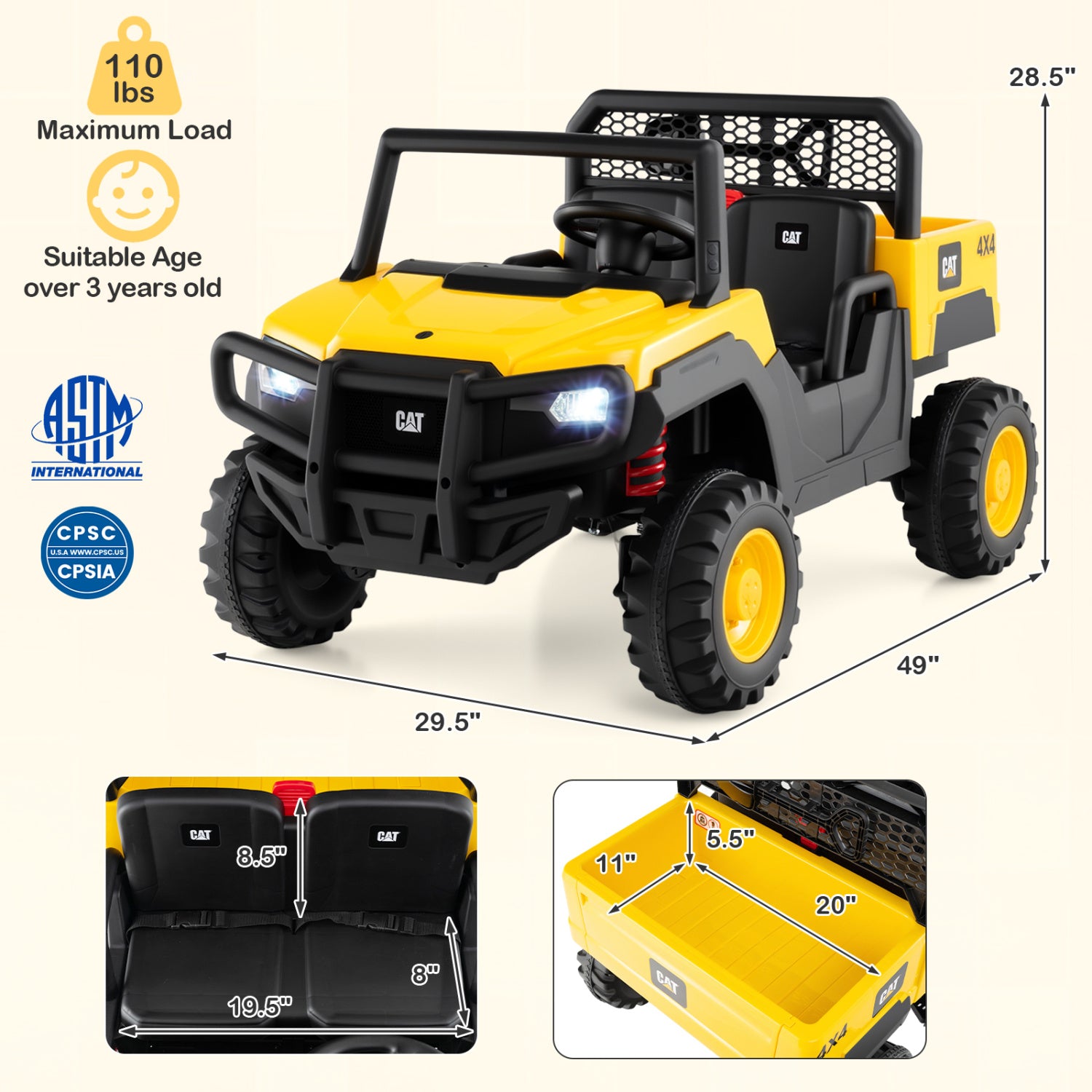 24V Ride On Dump Truck Licensed Caterpillar 2-Seater for Girls Boys, Yellow Powered Ride On Toys at Gallery Canada