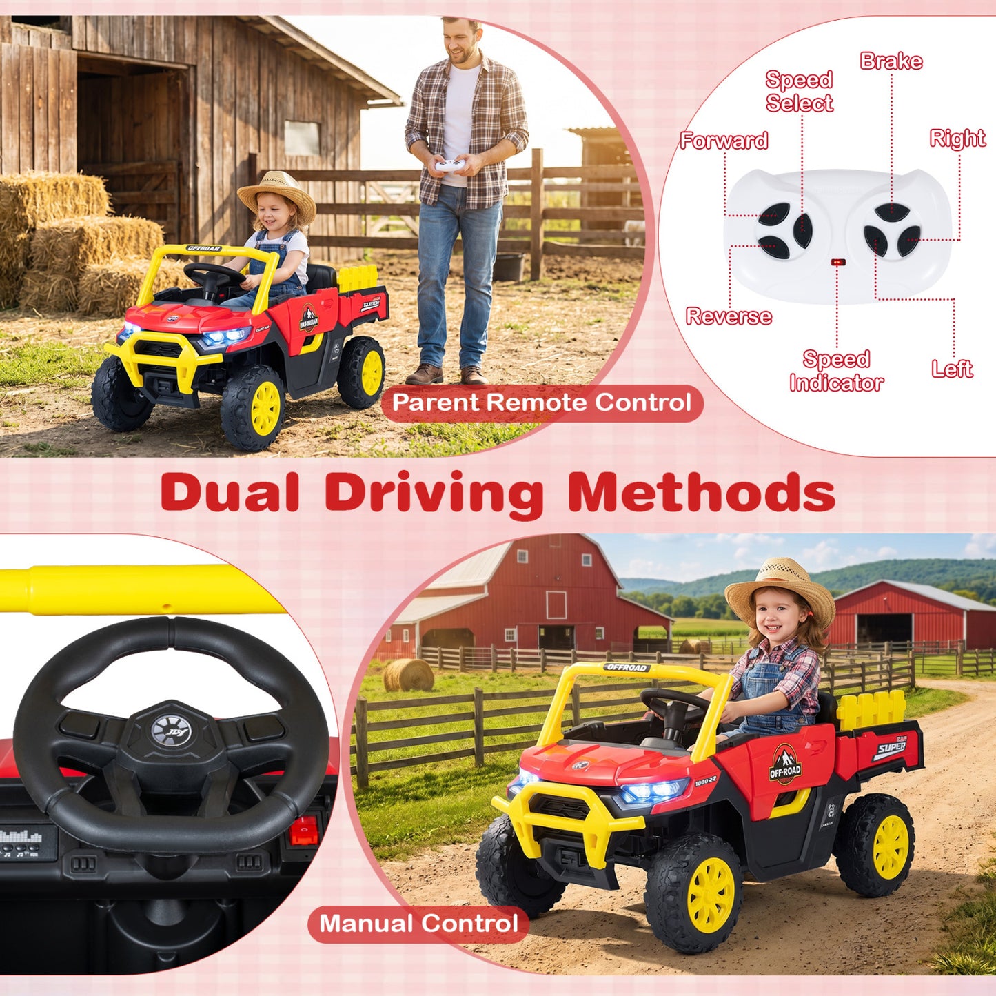 24V Ride On Dump Truck Car Off-Road, Remote Control, Music, Red