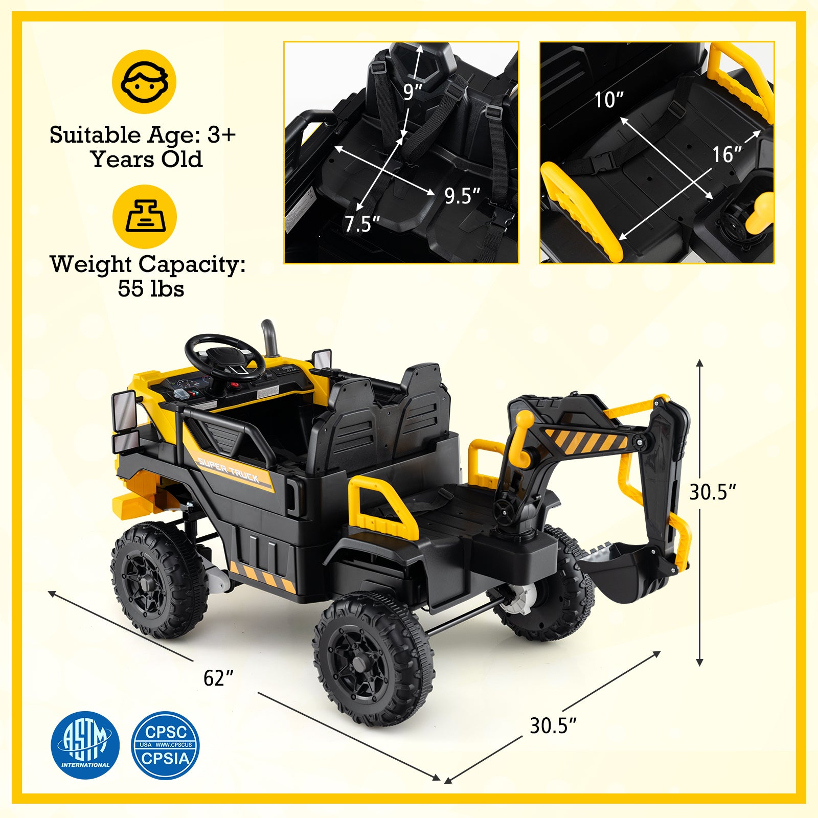 24V Ride On Excavator 4WD 2-Seater with Remote Control and Digging Arm, Yellow Powered Ride On Toys at Gallery Canada