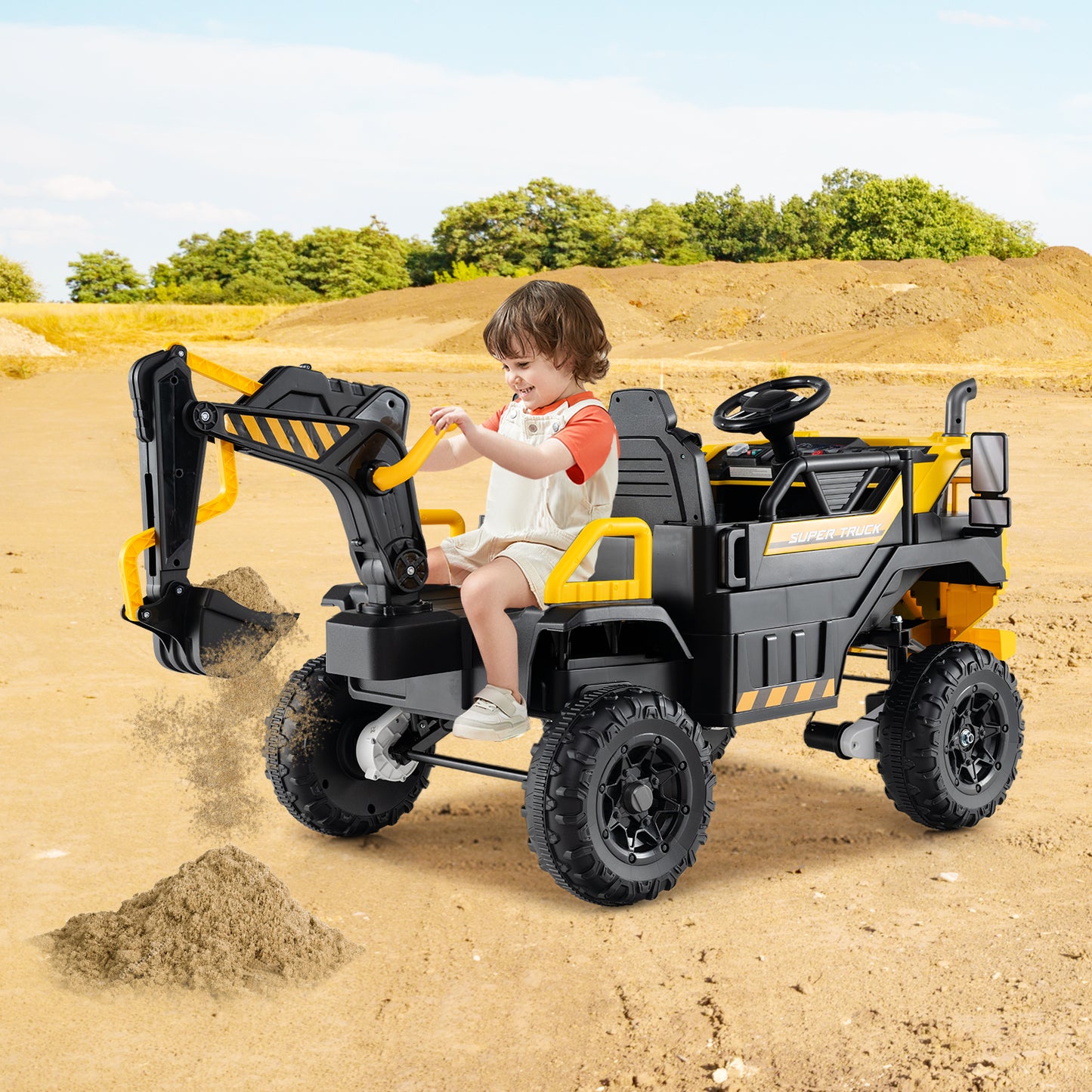 24V Ride On Excavator 4WD 2-Seater with Remote Control and Digging Arm, Yellow Powered Ride On Toys at Gallery Canada