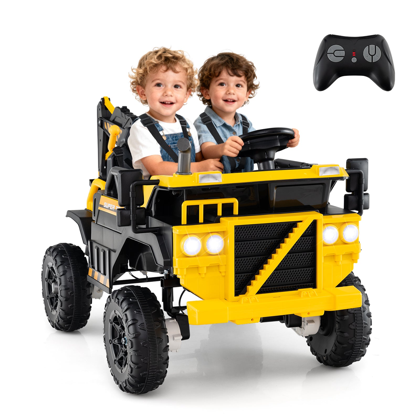 24V Ride On Excavator 4WD 2-Seater with Remote Control and Digging Arm, Yellow Powered Ride On Toys at Gallery Canada