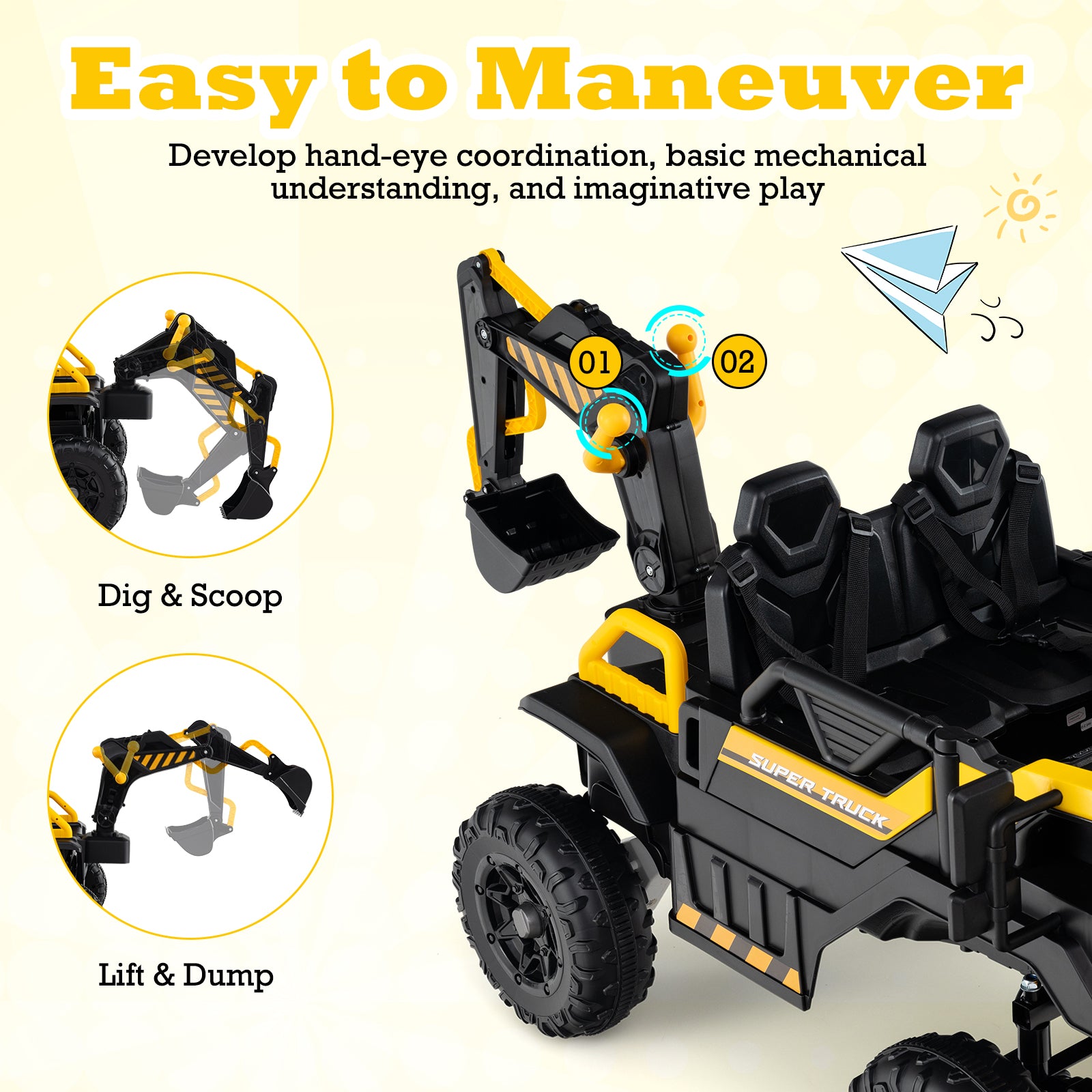24V Ride On Excavator 4WD 2-Seater with Remote Control and Digging Arm, Yellow Powered Ride On Toys at Gallery Canada