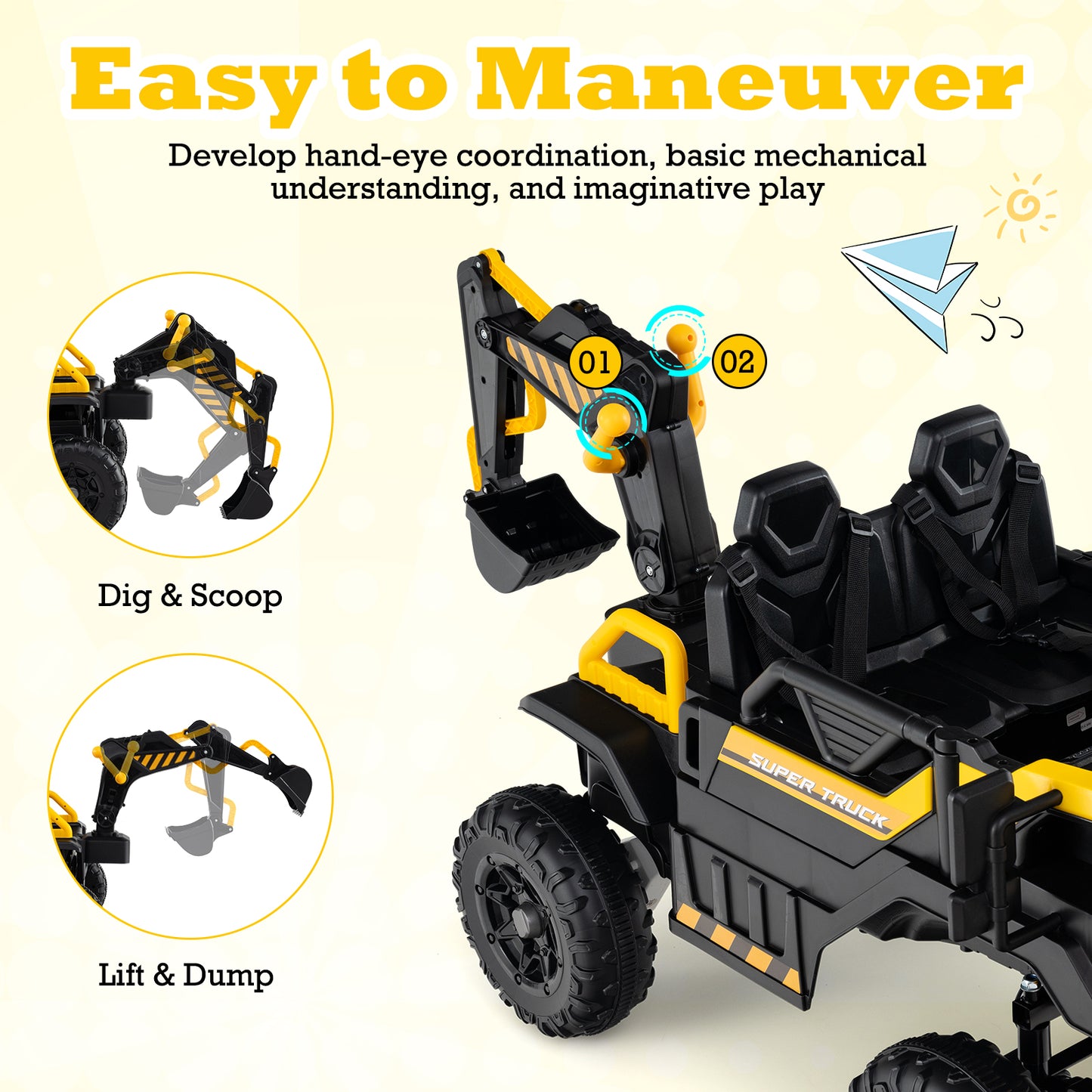24V Ride On Excavator 4WD 2-Seater with Remote Control and Digging Arm, Yellow Powered Ride On Toys at Gallery Canada