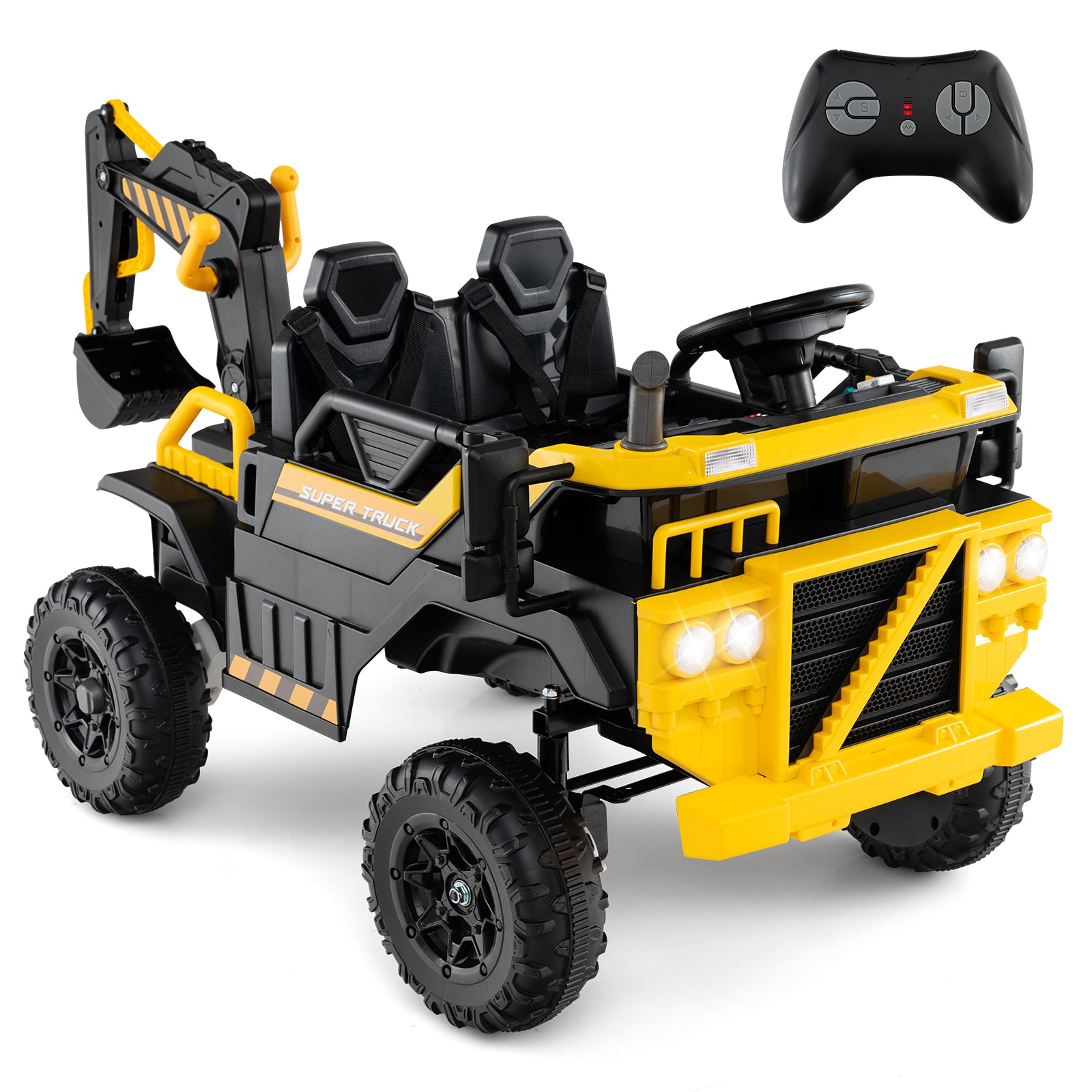 24V Ride On Excavator 4WD 2-Seater with Remote Control and Digging Arm, Yellow Powered Ride On Toys Yellow at Gallery Canada