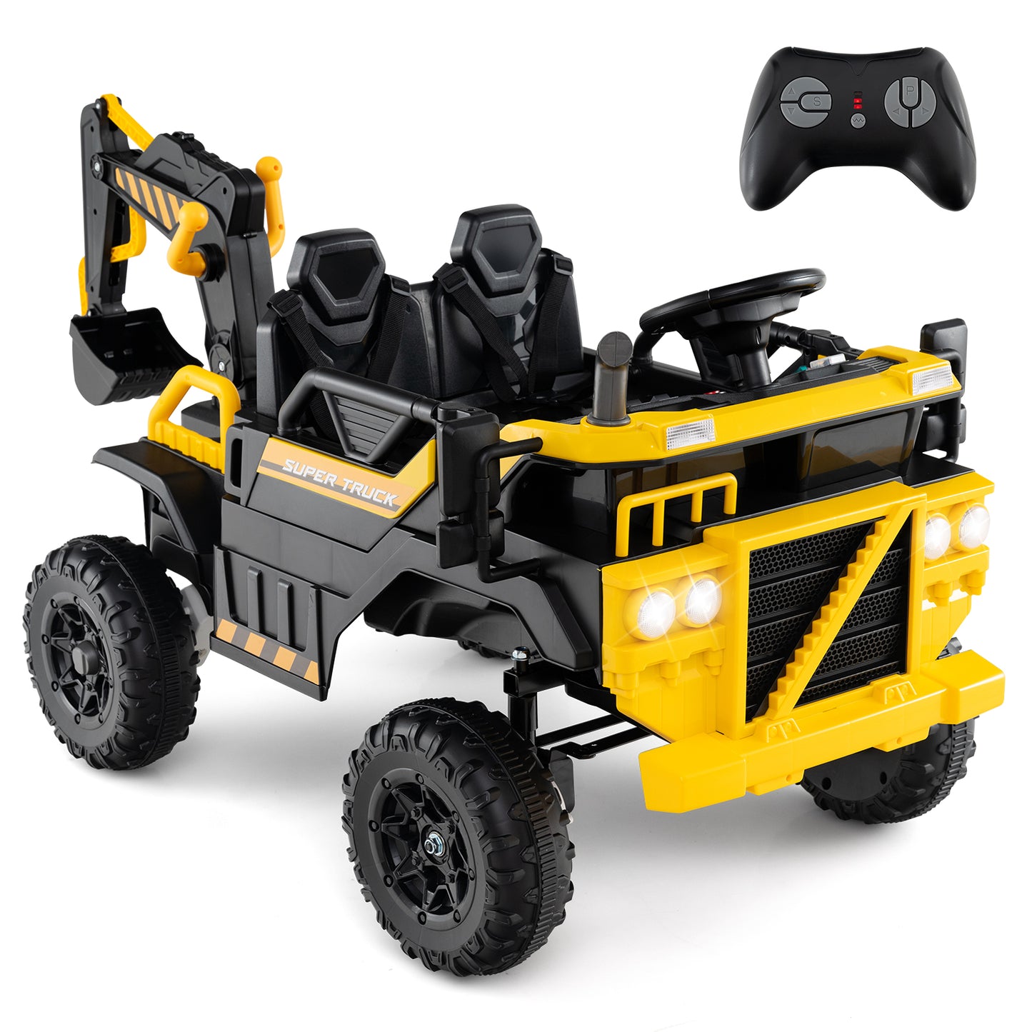 24V Ride On Excavator 4WD 2-Seater with Remote Control and Digging Arm, Yellow Powered Ride On Toys Yellow at Gallery Canada