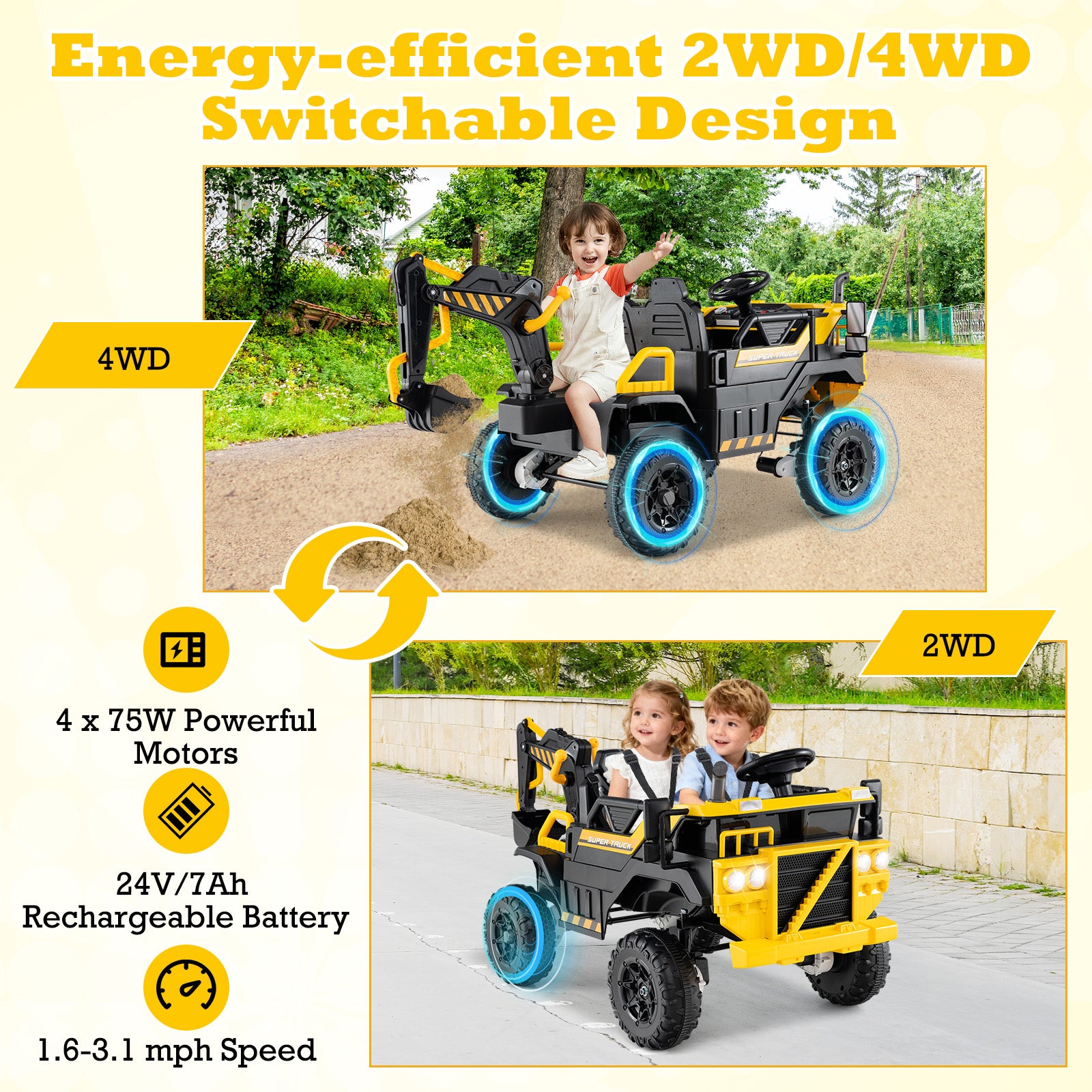 24V Ride On Excavator 4WD 2-Seater with Remote Control and Digging Arm, Yellow Powered Ride On Toys at Gallery Canada