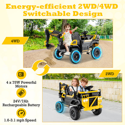 24V Ride On Excavator 4WD 2-Seater with Remote Control and Digging Arm, Yellow Powered Ride On Toys at Gallery Canada