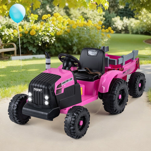 24V Ride On Tractor for Kids Electric Vehicle with Detachable Trailer and Remote Control, Pink