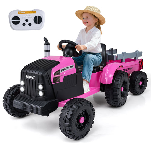 24V Ride On Tractor for Kids Electric Vehicle with Detachable Trailer and Remote Control, Pink