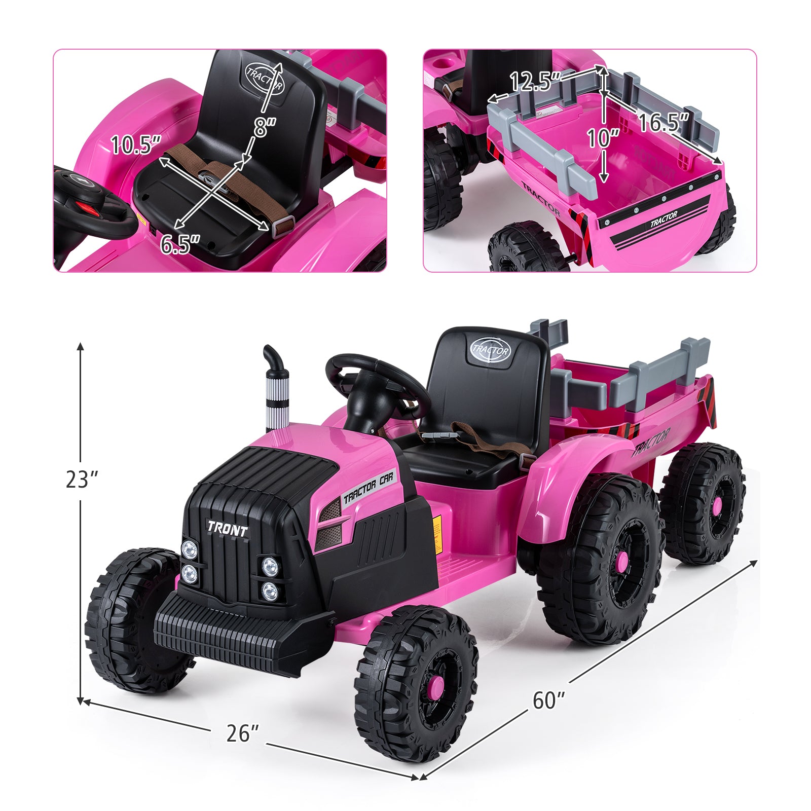 24V Ride On Tractor for Kids Electric Vehicle with Detachable Trailer and Remote Control, Pink Powered Ride On Toys at Gallery Canada