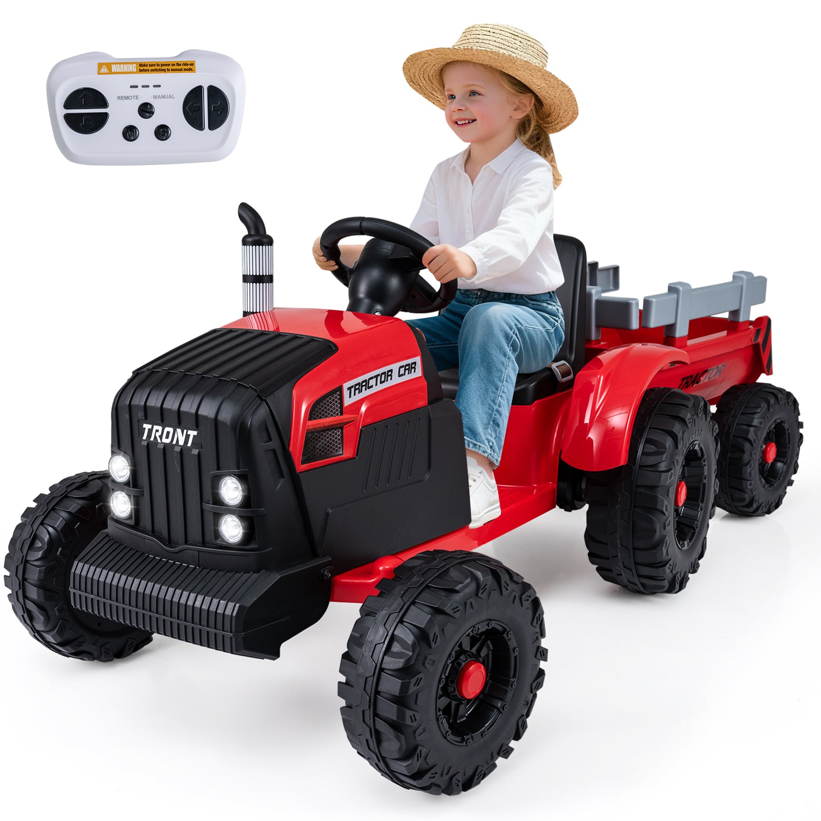 24V Ride On Tractor for Kids Electric Vehicle with Detachable Trailer and Remote Control, Red Powered Ride On Toys Red at Gallery Canada