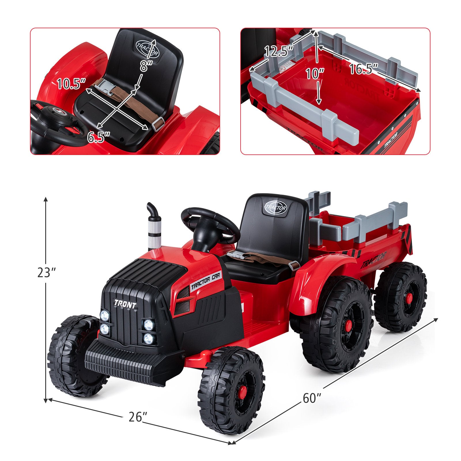 24V Ride On Tractor for Kids Electric Vehicle with Detachable Trailer and Remote Control, Red Powered Ride On Toys at Gallery Canada
