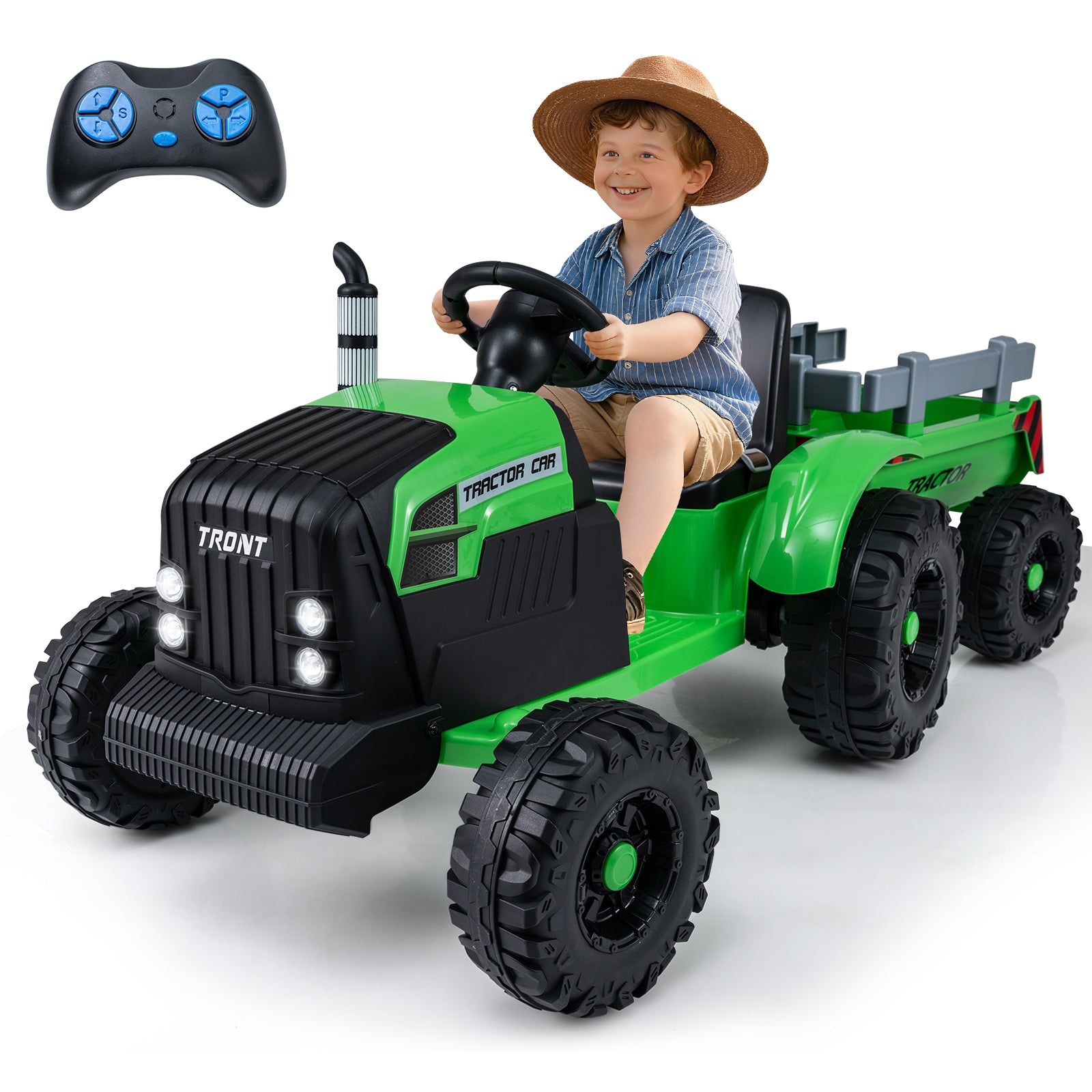 24V Ride On Tractor for Kids Electric Vehicle with Detachable Trailer and Remote Control, Green Powered Ride On Toys Green at Gallery Canada