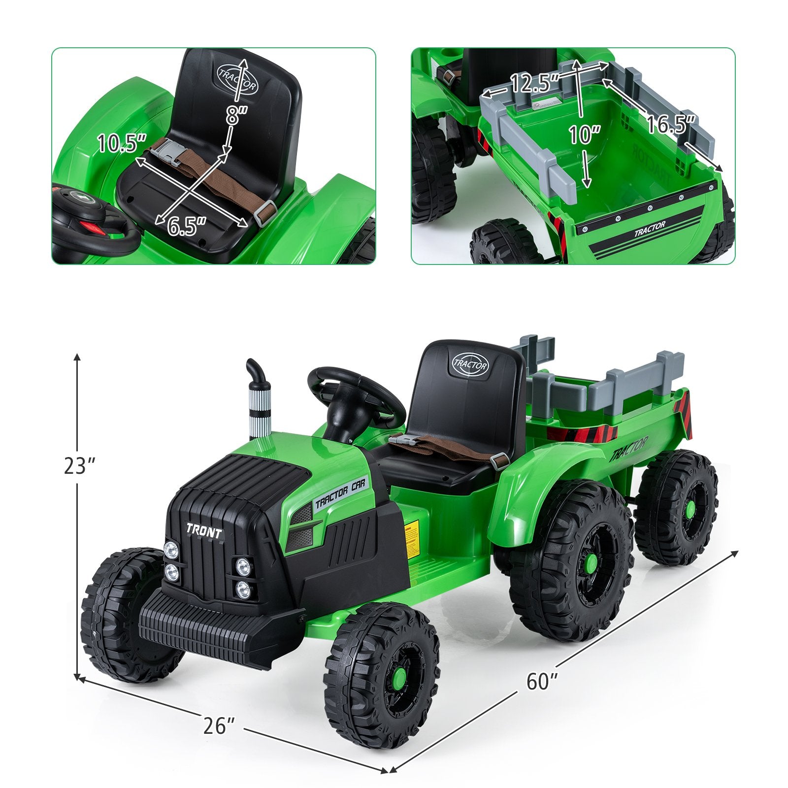 24V Ride On Tractor for Kids Electric Vehicle with Detachable Trailer and Remote Control, Green Powered Ride On Toys at Gallery Canada