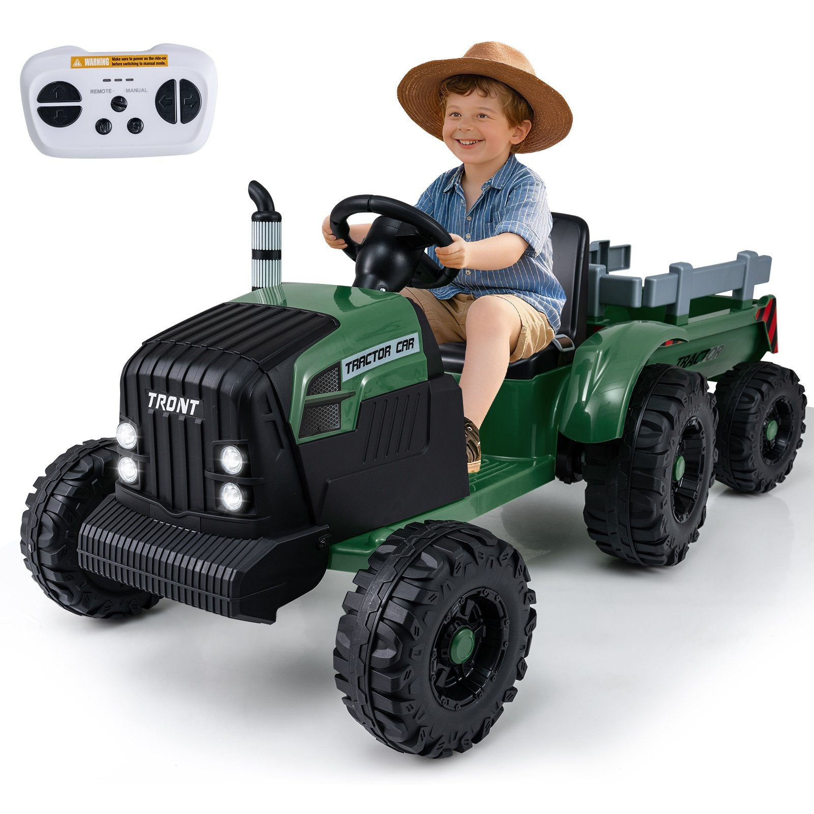 24V Ride On Tractor for Kids Electric Vehicle with Detachable Trailer and Remote Control, Dark Green Powered Ride On Toys Dark Green at Gallery Canada