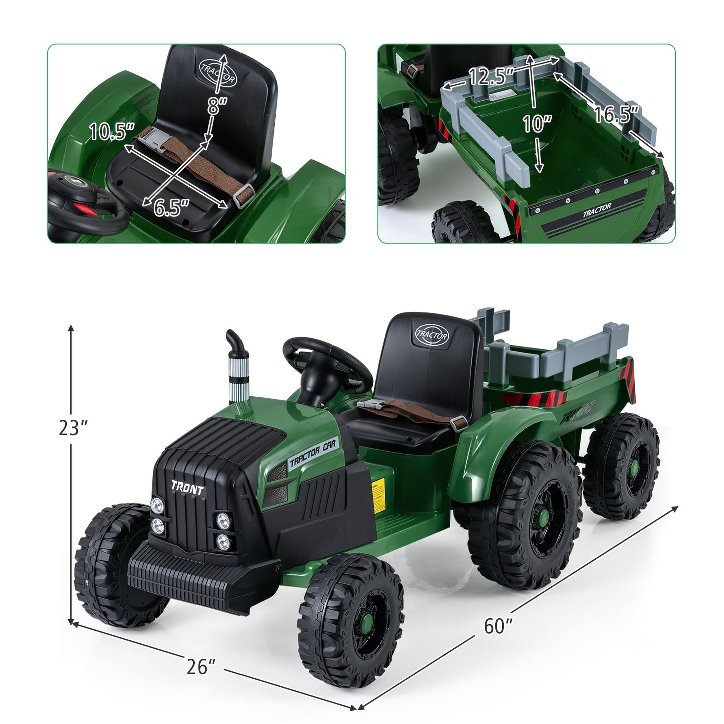 24V Ride On Tractor for Kids Electric Vehicle with Detachable Trailer and Remote Control, Dark Green Powered Ride On Toys at Gallery Canada