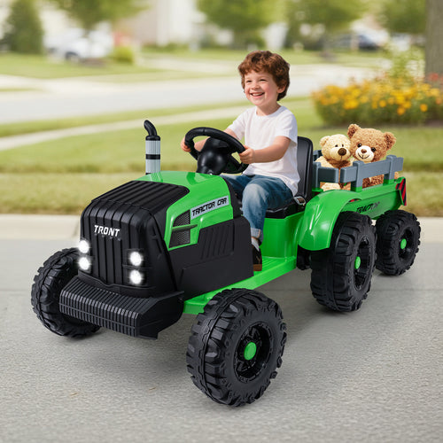 24V Kids Electric Ride On Tractor, Detachable Trailer, Remote Control, Green