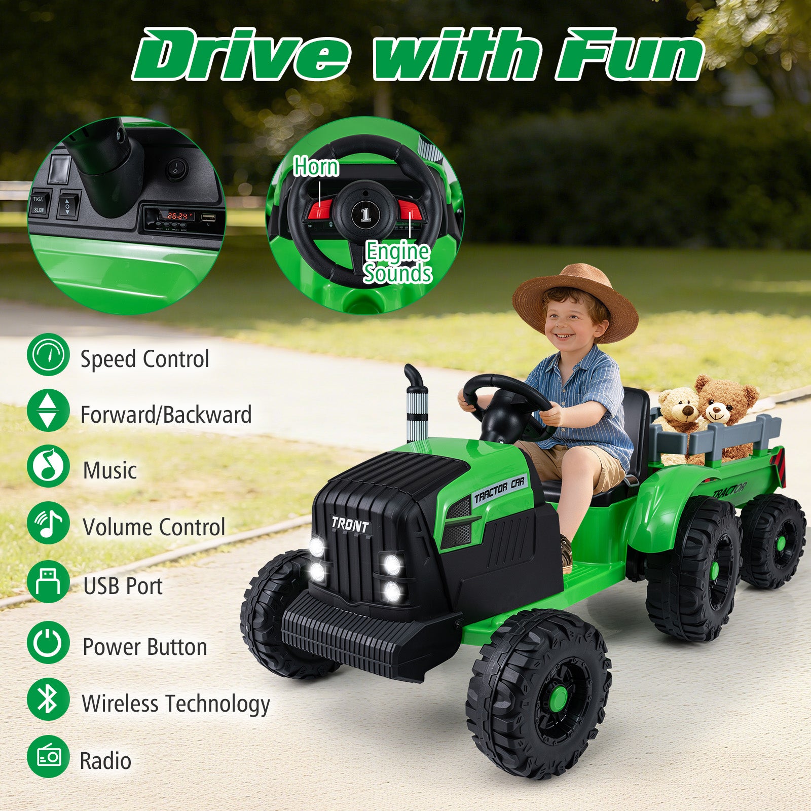 24V Kids Electric Ride On Tractor, Detachable Trailer, Remote Control, Green Powered Ride On Toys at Gallery Canada