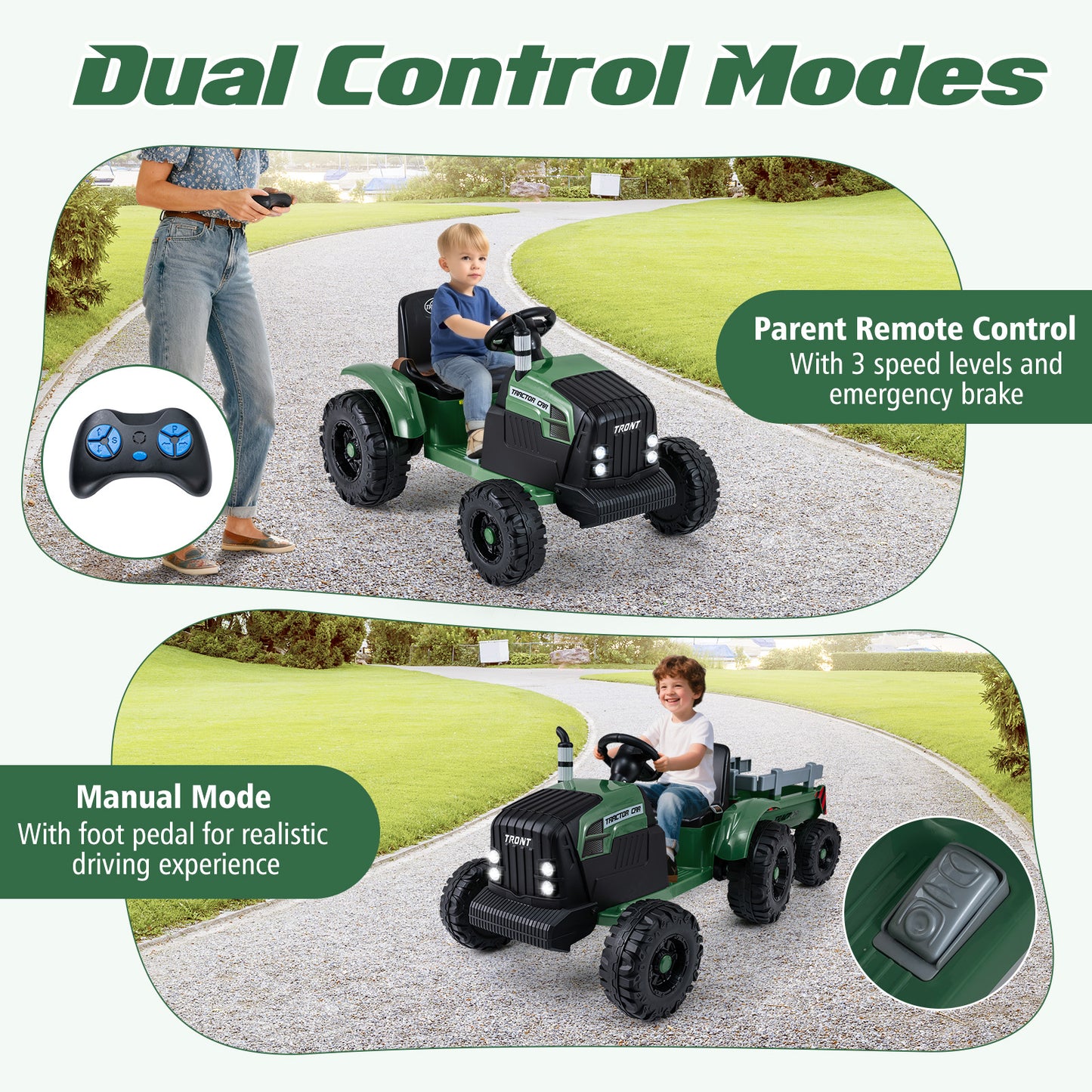 24V Ride On Tractor For Kids, Detachable Trailer, Remote Control, Dark Green Powered Ride On Toys at Gallery Canada