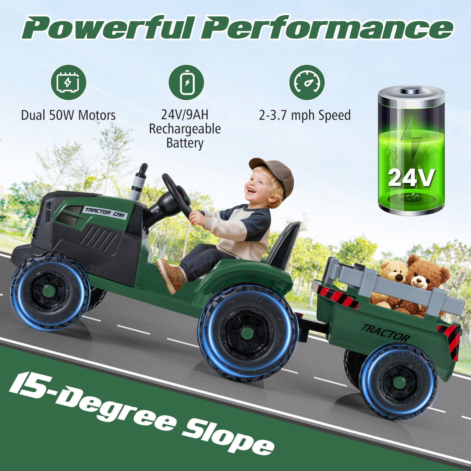 24V Ride On Tractor For Kids, Detachable Trailer, Remote Control, Dark Green Powered Ride On Toys at Gallery Canada