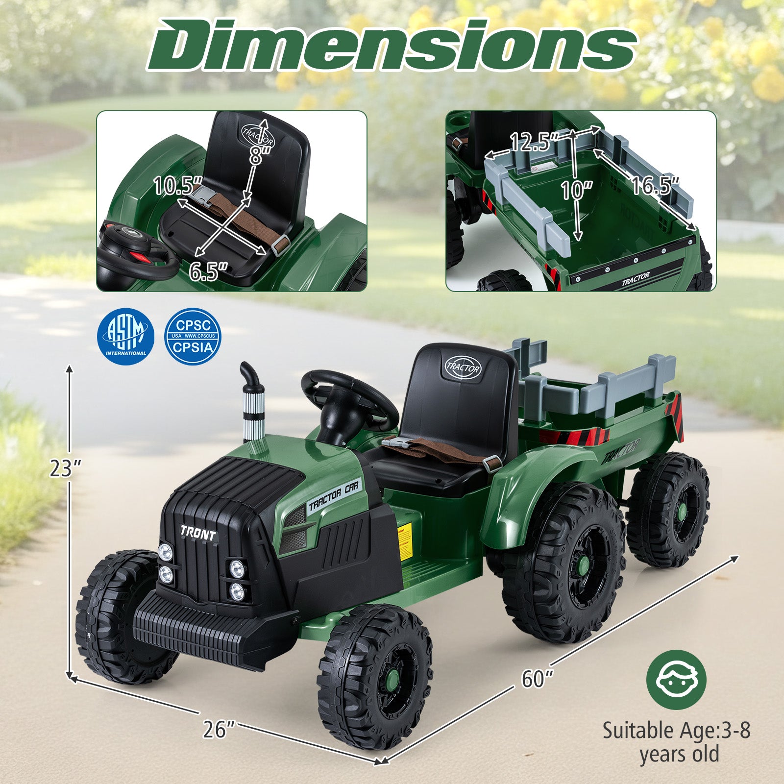 24V Ride On Tractor For Kids, Detachable Trailer, Remote Control, Dark Green Powered Ride On Toys at Gallery Canada