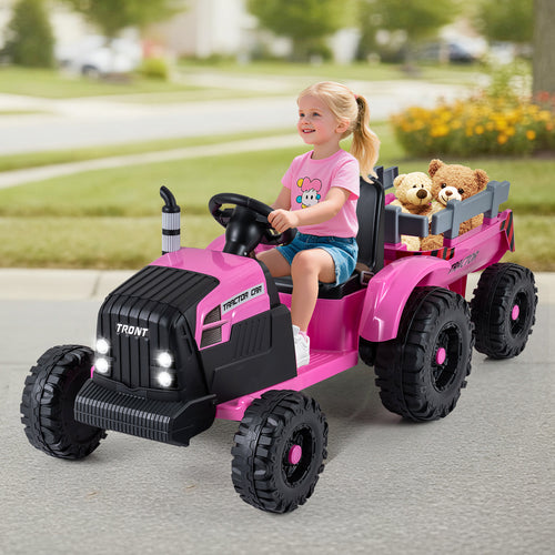 24V Ride On Tractor, Detachable Trailer, Remote Control, Pink