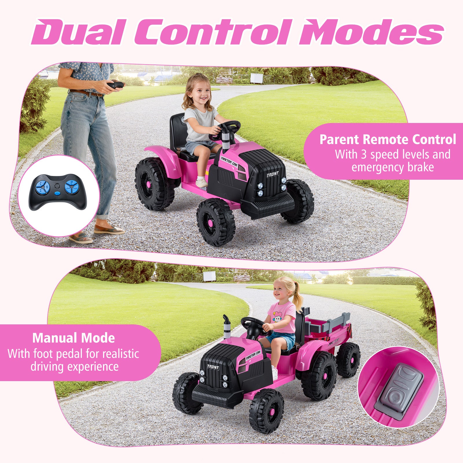 24V Ride On Tractor, Detachable Trailer, Remote Control, Pink Powered Ride On Toys at Gallery Canada