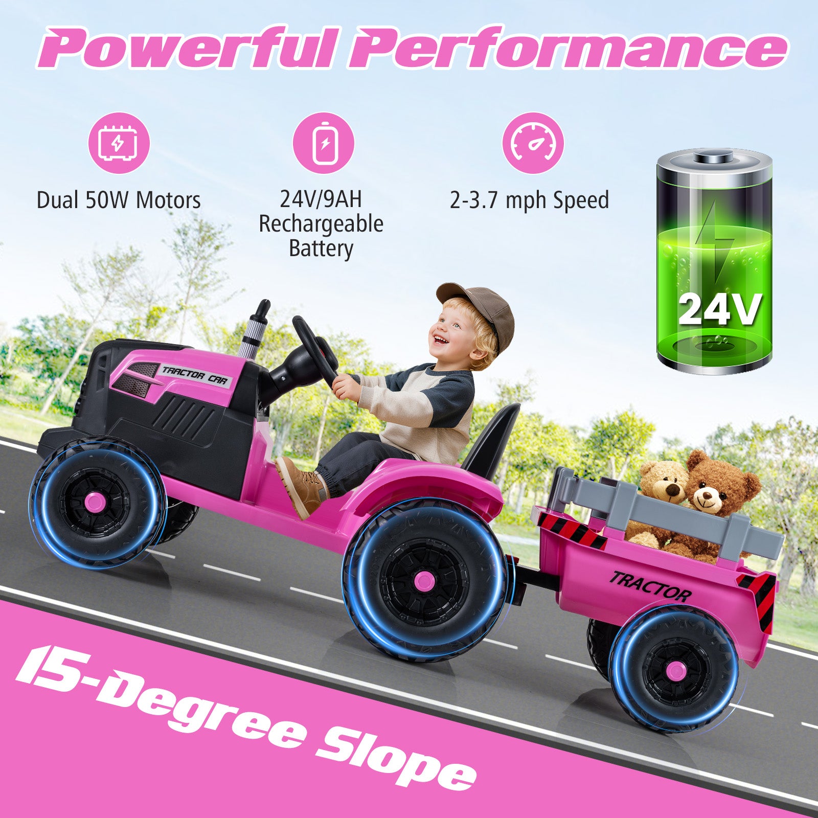 24V Ride On Tractor, Detachable Trailer, Remote Control, Pink Powered Ride On Toys at Gallery Canada