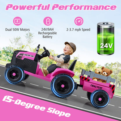 24V Ride On Tractor, Detachable Trailer, Remote Control, Pink Powered Ride On Toys at Gallery Canada