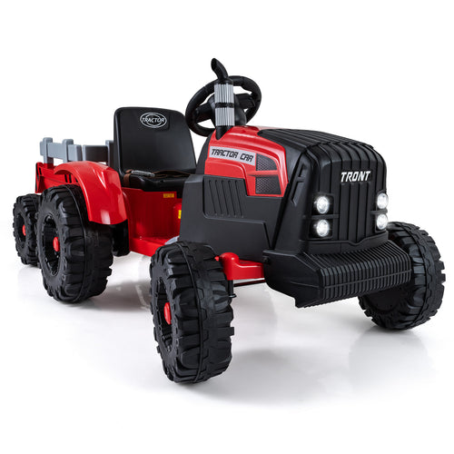 24V Kids Electric Ride On Tractor, Detachable Trailer, Remote Control, Red