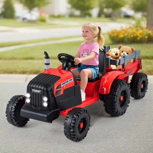 24V Kids Electric Ride On Tractor, Detachable Trailer, Remote Control, Red