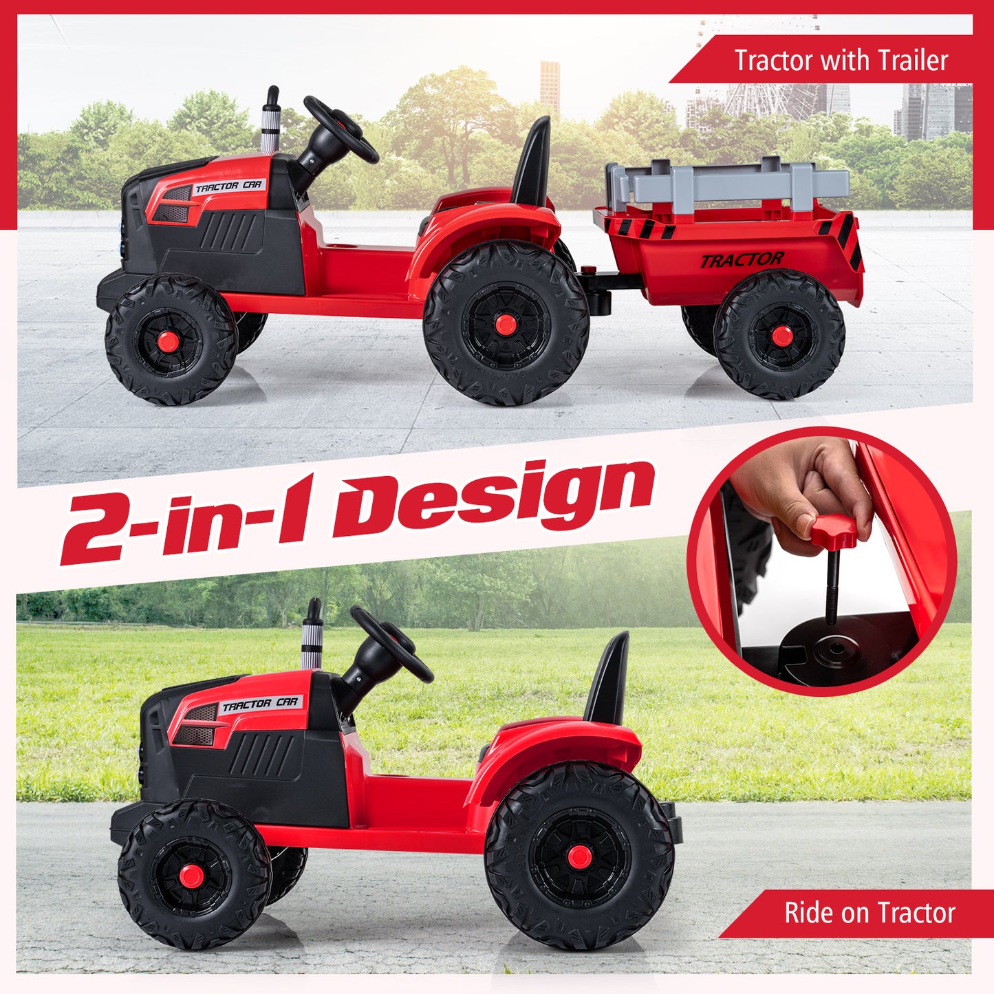 24V Kids Electric Ride On Tractor, Detachable Trailer, Remote Control, Red Powered Ride On Toys at Gallery Canada