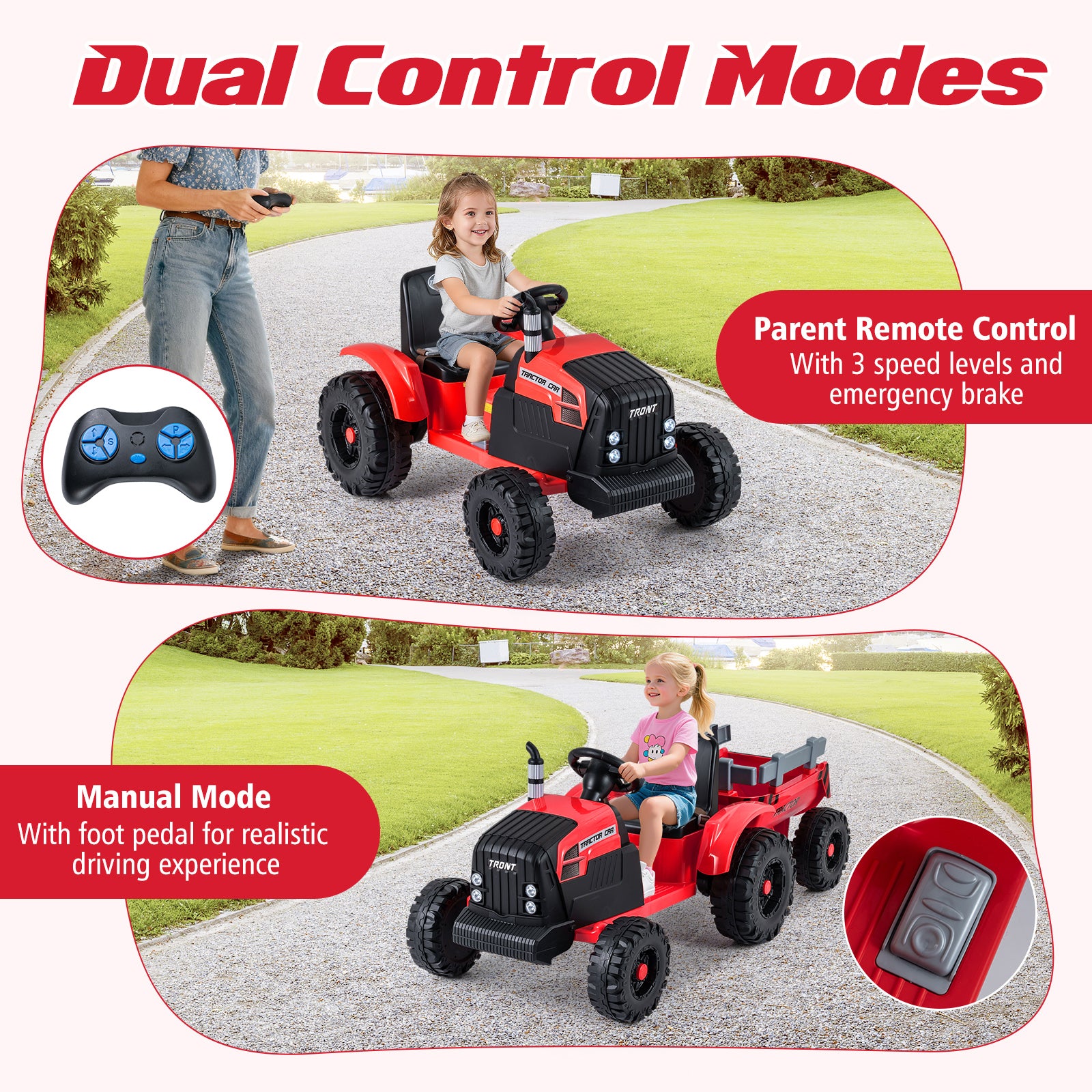 24V Kids Electric Ride On Tractor, Detachable Trailer, Remote Control, Red Powered Ride On Toys at Gallery Canada