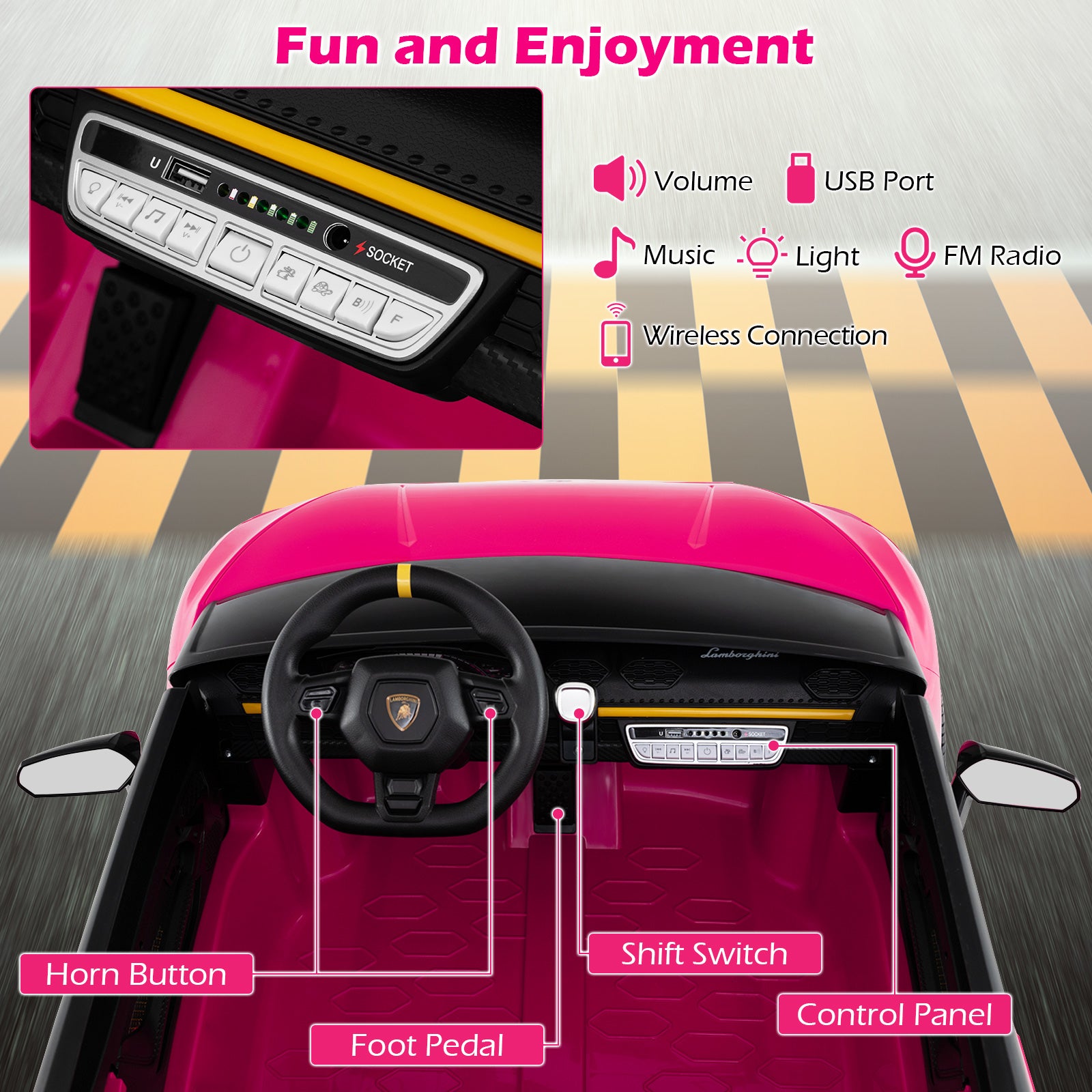 24V Ride-on Car for Kids 4WD 2-Seater Licensed Lamborghini Electric Vehicles with Music, Pink Powered Ride On Toys at Gallery Canada