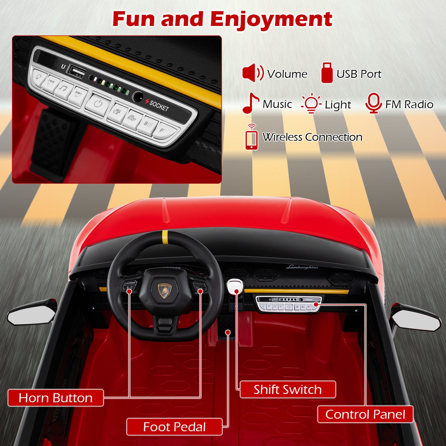 24V Ride-on Car for Kids 4WD 2-Seater Licensed Lamborghini Electric Vehicles with Music, Red Powered Ride On Toys at Gallery Canada