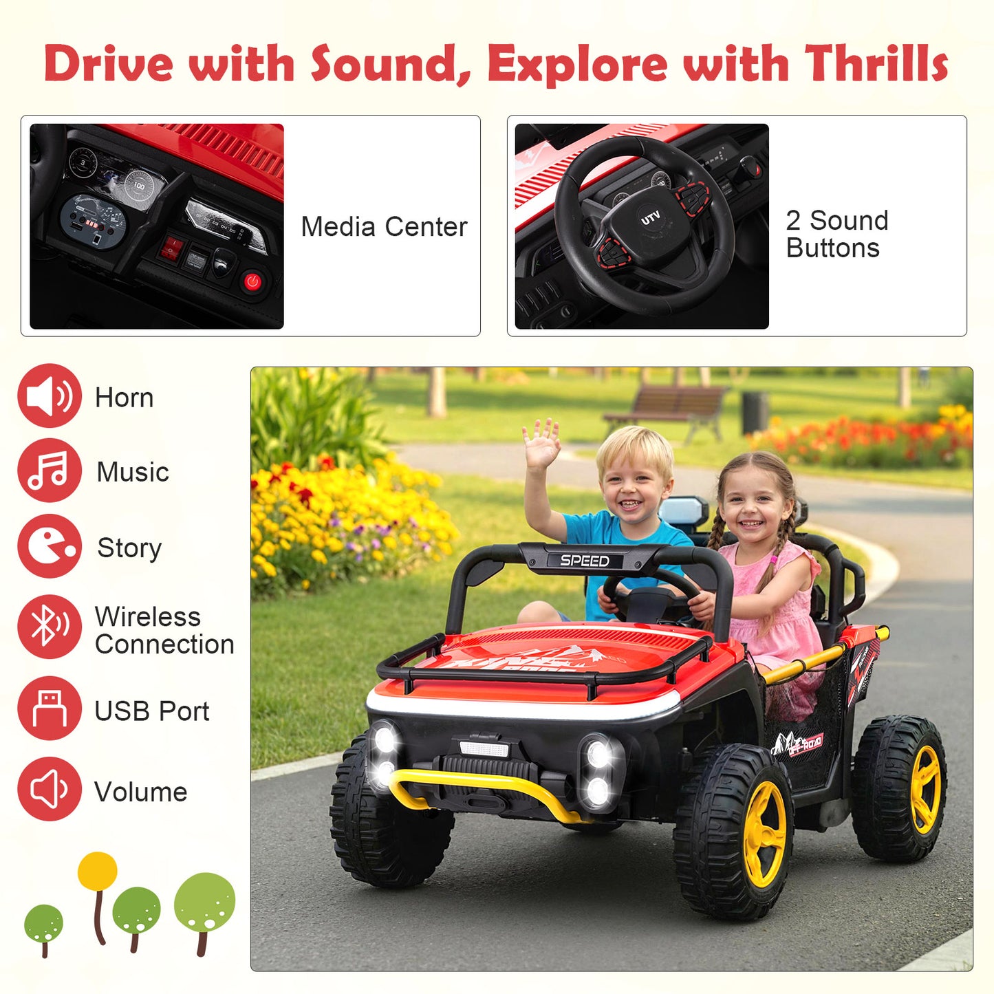 24V Ride on Toy for Kids 2 Seater Ride on Truck Car with Horn Music Story, Red
