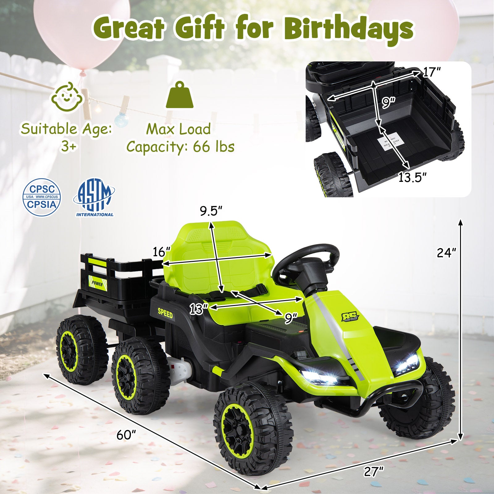 24V Ride On Tractor With Detachable Trailer, Music, Green Powered Ride On Toys at Gallery Canada