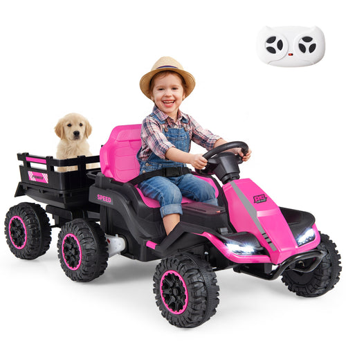 24V Ride On Tractor With Detachable Trailer, Pink