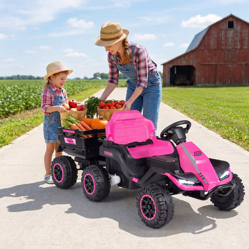 24V Ride On Tractor With Detachable Trailer, Pink