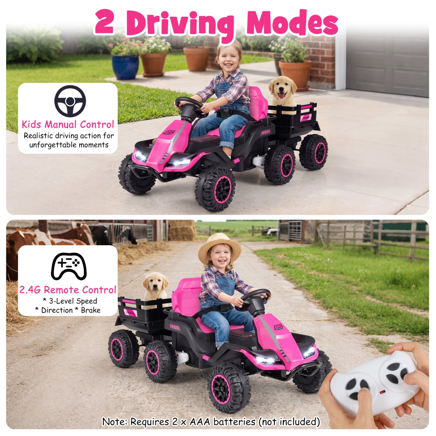 24V Ride On Tractor With Detachable Trailer, Pink Powered Ride On Toys at Gallery Canada