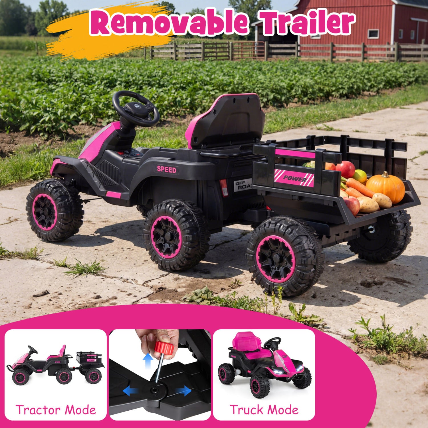 24V Ride On Tractor With Detachable Trailer, Pink Powered Ride On Toys at Gallery Canada