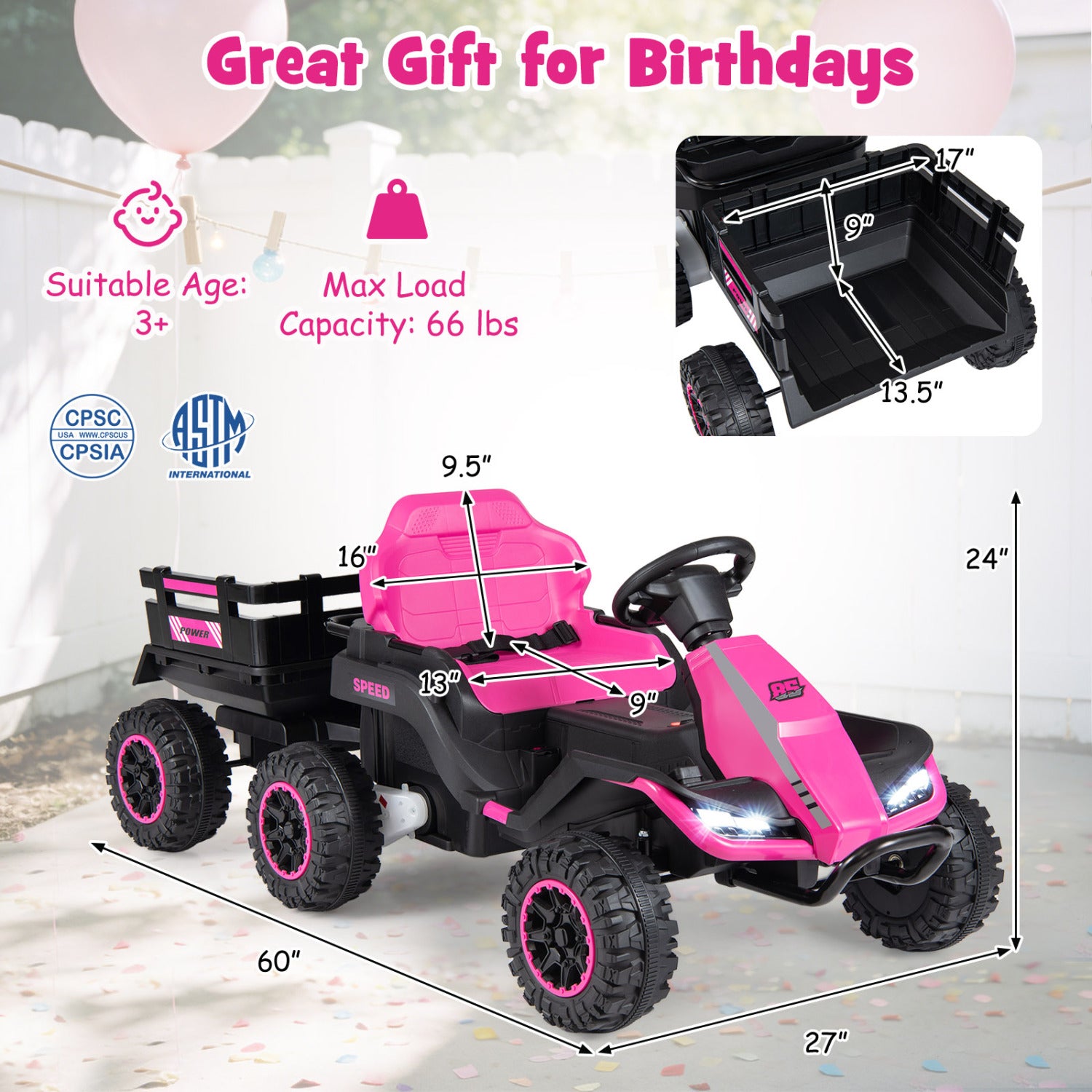 24V Ride On Tractor With Detachable Trailer, Pink Powered Ride On Toys at Gallery Canada