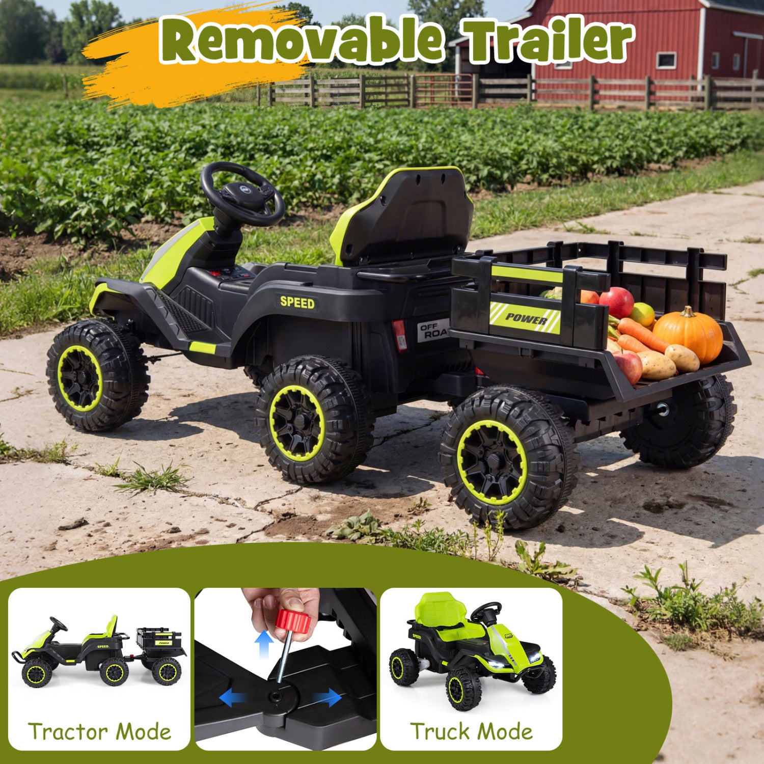 24V Ride On Tractor With Detachable Trailer, Music, Green Powered Ride On Toys at Gallery Canada