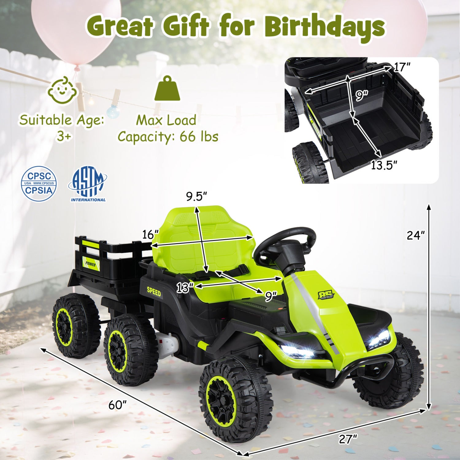 24V Ride On Tractor With Detachable Trailer, Music, Green Powered Ride On Toys at Gallery Canada