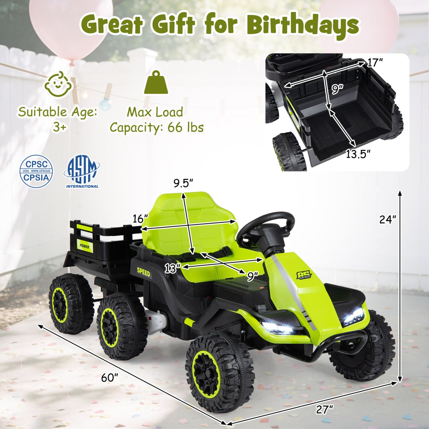 24V Ride On Tractor With Detachable Trailer, Music, Green Powered Ride On Toys at Gallery Canada