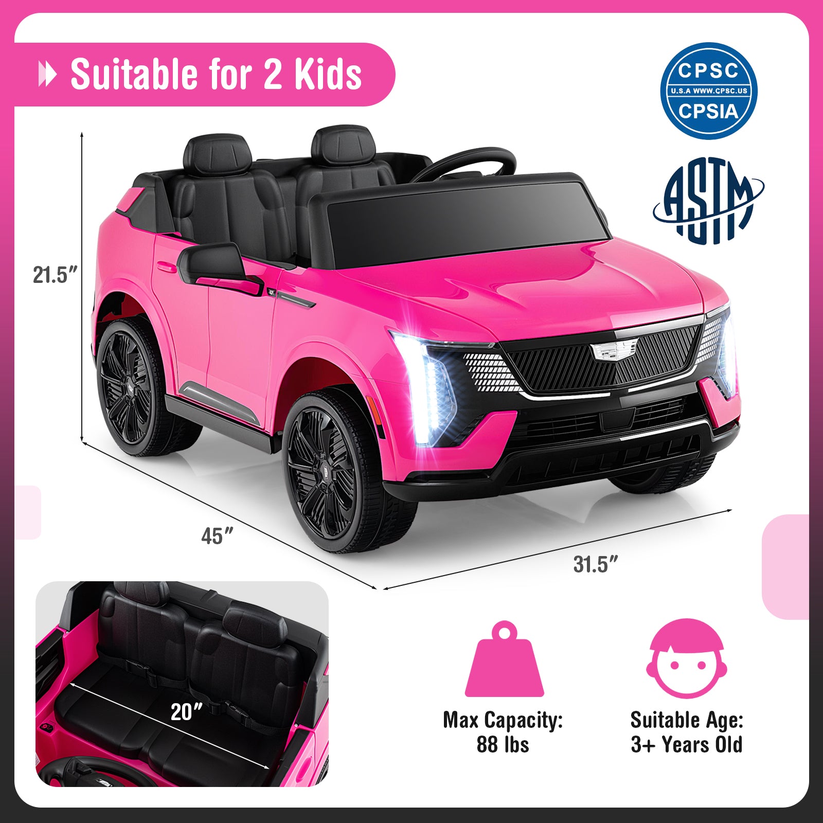 24V Ride on Truck 2-Seater Licensed Cadillac with Remote Control, Pink Powered Ride On Toys at Gallery Canada