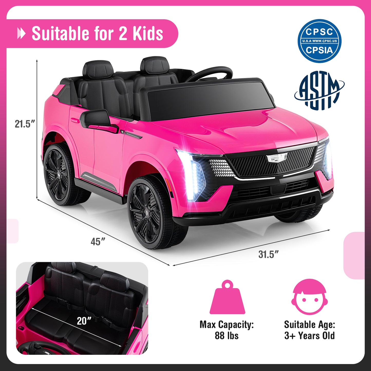 24V Ride on Truck 2-Seater Licensed Cadillac with Remote Control, Pink Powered Ride On Toys at Gallery Canada
