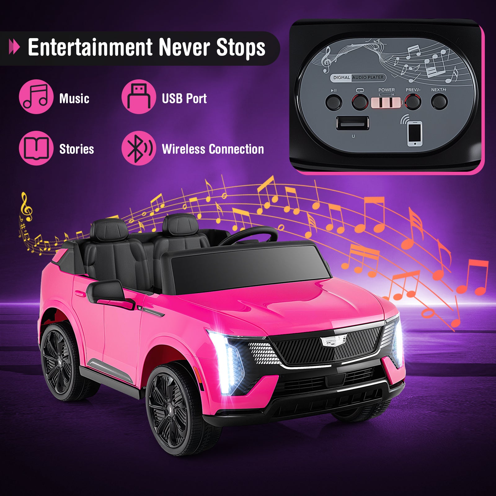 24V Ride on Truck 2-Seater Licensed Cadillac with Remote Control, Pink Powered Ride On Toys at Gallery Canada
