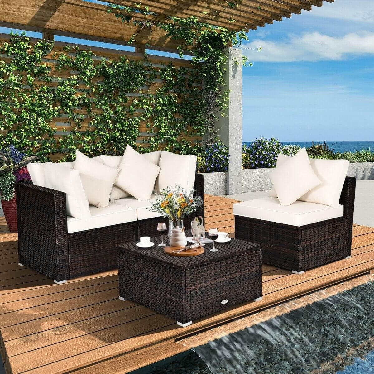 4 Pcs Ottoman Garden Deck Patio Rattan Wicker Furniture Set Cushioned Sofa, White Outdoor Sectionals at Gallery Canada